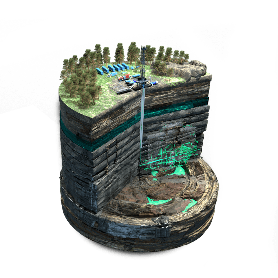 A 3 d image of an underground structure with green vegetation.