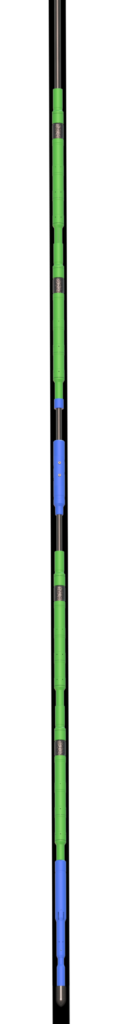 Vertical assembly of green and blue components.